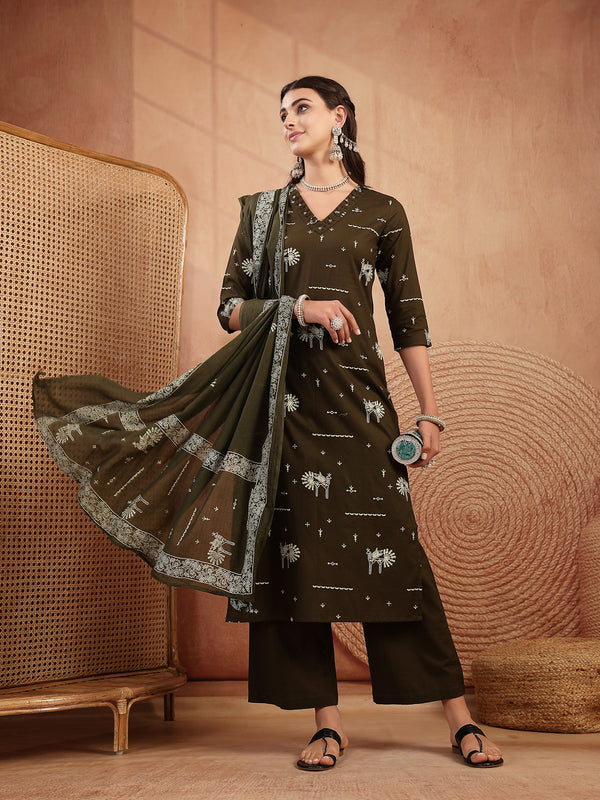 Gulmohar Jaipur Rayon Calf Length Printed 3/4 Sleeves V-Neck Straight Kurta Suit Set