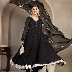 Gulmohar Jaipur Malmal Calf Length Solid Full Sleeves Anrakha Neck Anarkali Kurta Suit Set