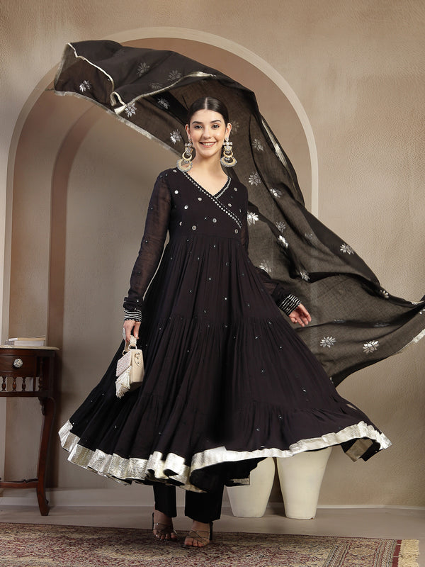 Gulmohar Jaipur Malmal Calf Length Solid Full Sleeves Anrakha Neck Anarkali Kurta Suit Set
