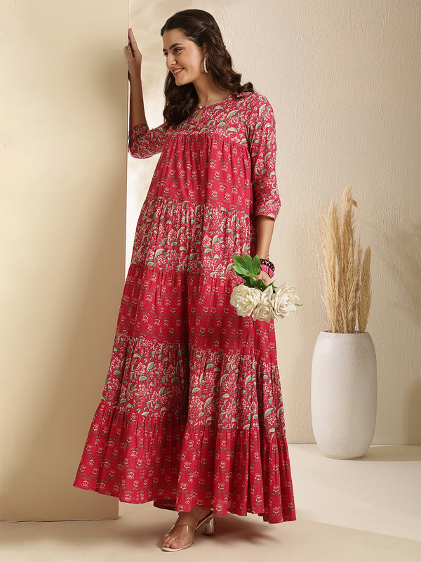 Pink Pure Cotton Printed 3/4 Sleeves Key Hole Neck Anarkali Gown