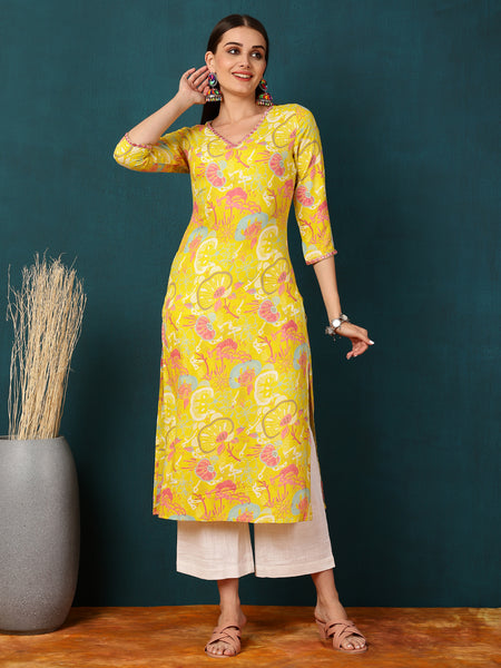 Rayon  Calf length Length Floral  Straight 3/4 Sleeves V  Kurta