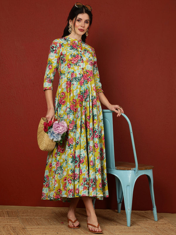 Cotton Calf Length Printed Flared 3/4 Sleeves Mandarin Kurta
