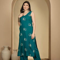 Gulmohar Jaipur Rayon Calf Length Printed Sleeveless V-Neck Straight Kurta Suit Set
