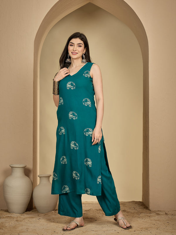 Gulmohar Jaipur Rayon Calf Length Printed Sleeveless V-Neck Straight Kurta Suit Set
