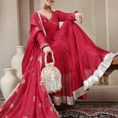 Gulmohar Jaipur Malmal Calf Length Solid Full Sleeves Anrakha Neck Anarkali Kurta Suit Set