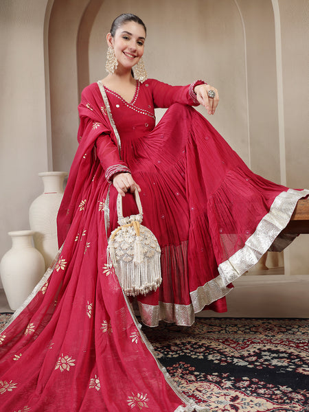 Gulmohar Jaipur Malmal Calf Length Solid Full Sleeves Anrakha Neck Anarkali Kurta Suit Set