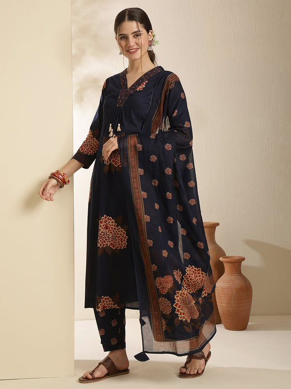 Maroon Pure Cotton Printed 3/4 Sleeves V-Neck Straight Kurta Suit Set