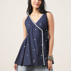 Cotton Hip Length Solid Sleeveless V-Neck Flared Top