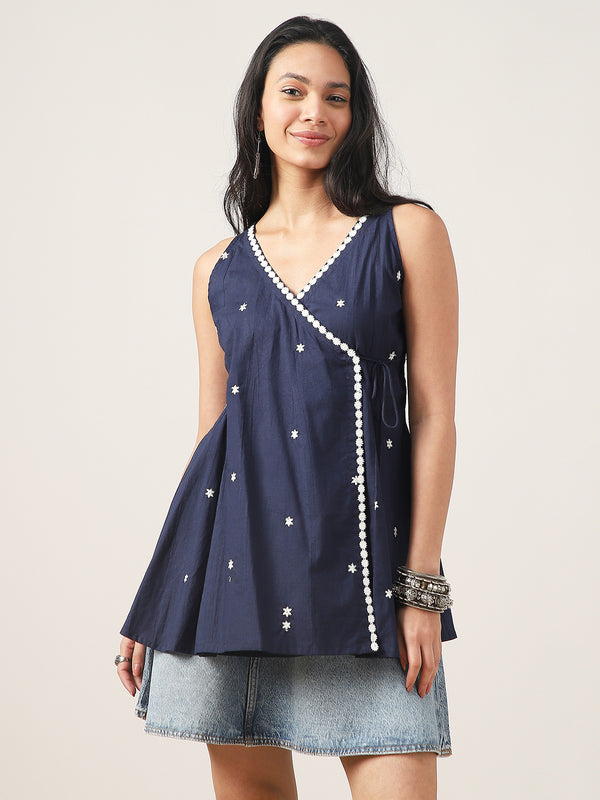 Cotton Hip Length Solid Sleeveless V-Neck Flared Top