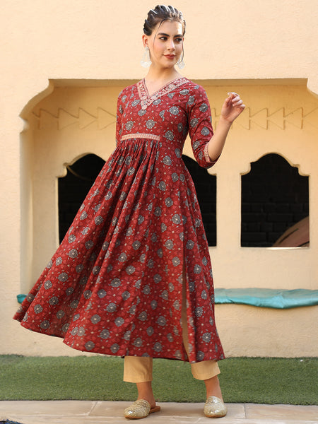 Maroon Cotton Calf Length Printed Semi-Flared V-Neck Kurta