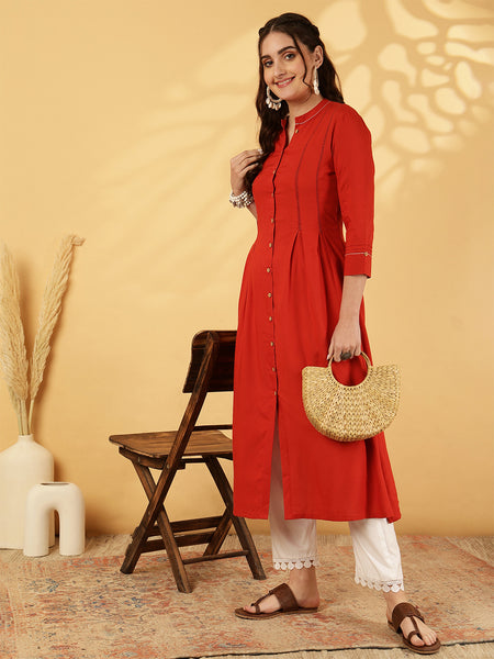 Gulmohar JaipurRayon Calf Length Solid A-Line 3/4 Sleeves Mandarin Neck Kurta