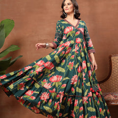 Cotton Ankle Length Printed 3/4 Sleeves V-Neck Flared Kurta