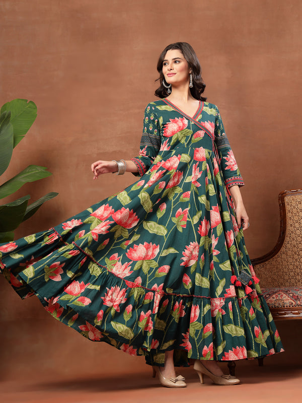 Cotton Ankle Length Printed 3/4 Sleeves V-Neck Flared Kurta