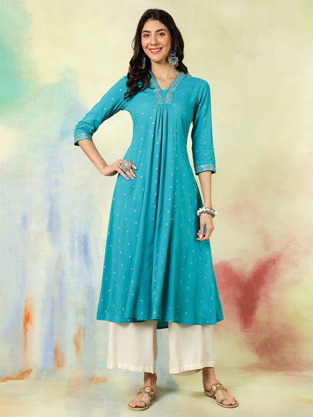 Seagreen Rayon Calf Length Solid Semi-Flared V-Neck Kurta