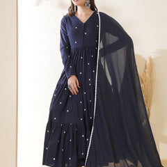 Cotton Ankle  Length Printed Full- Sleeves V-Neck Tired Kurta Suit Set