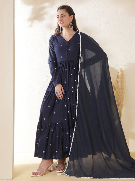 Cotton Ankle  Length Printed Full- Sleeves V-Neck Tired Kurta Suit Set