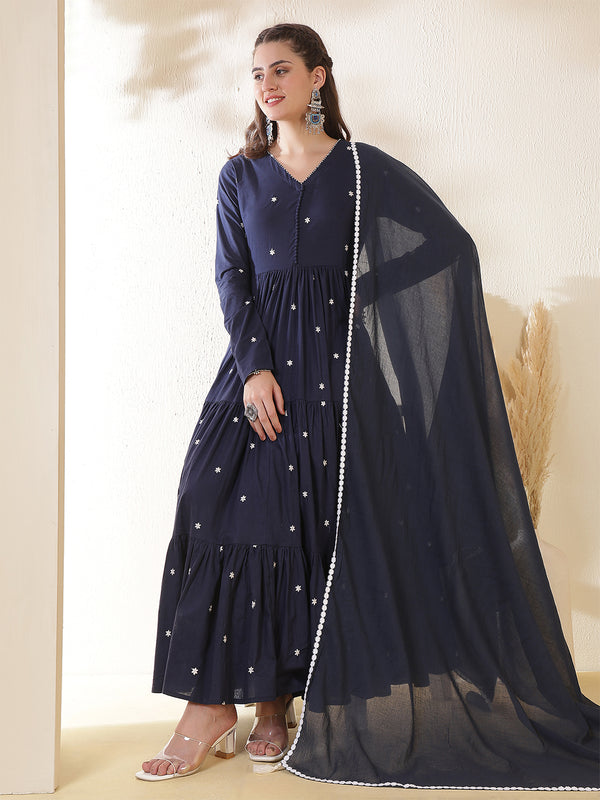 Cotton Ankle  Length Printed Full- Sleeves V-Neck Tired Kurta Suit Set