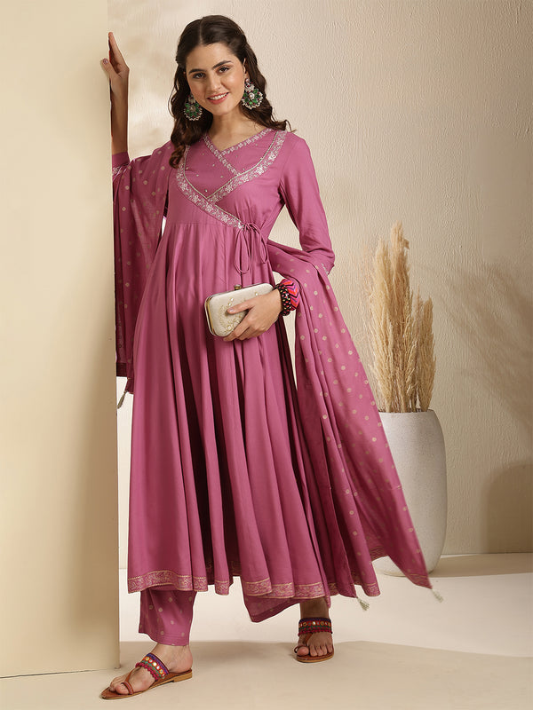 Maroon Rayon Solid 3/4 Sleeves V-Neck Anarkali Kurta Suit Set