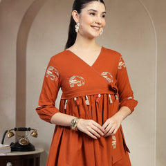 Gulmohar Jaipur Rayon Hip Length Printed 3/4 Sleeves V-Neck Flared Top