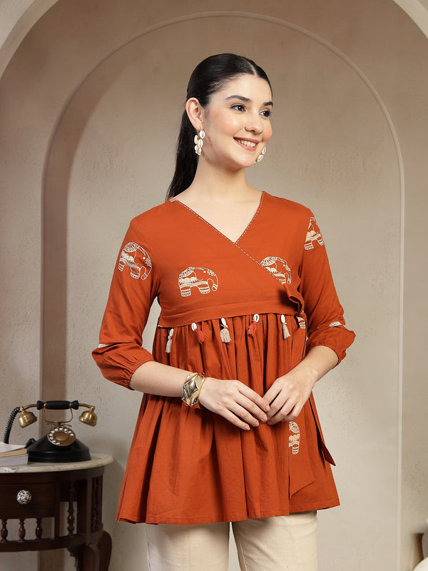 Gulmohar Jaipur Rayon Hip Length Printed 3/4 Sleeves V-Neck Flared Top