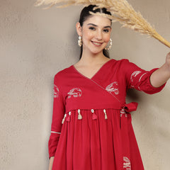 Gulmohar Jaipur Rayon Hip Length Printed 3/4 Sleeves V-Neck Flared Top