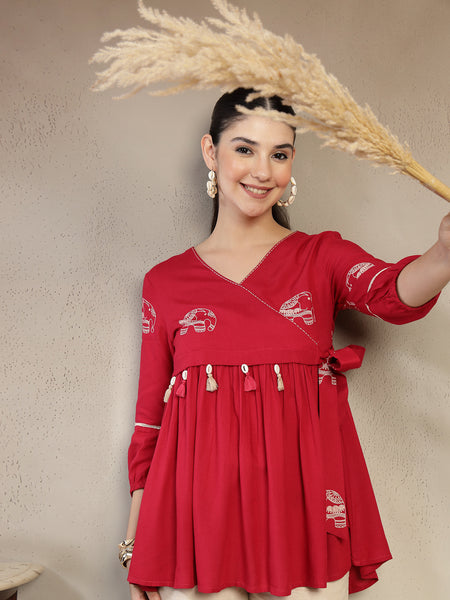 Gulmohar Jaipur Rayon Hip Length Printed 3/4 Sleeves V-Neck Flared Top