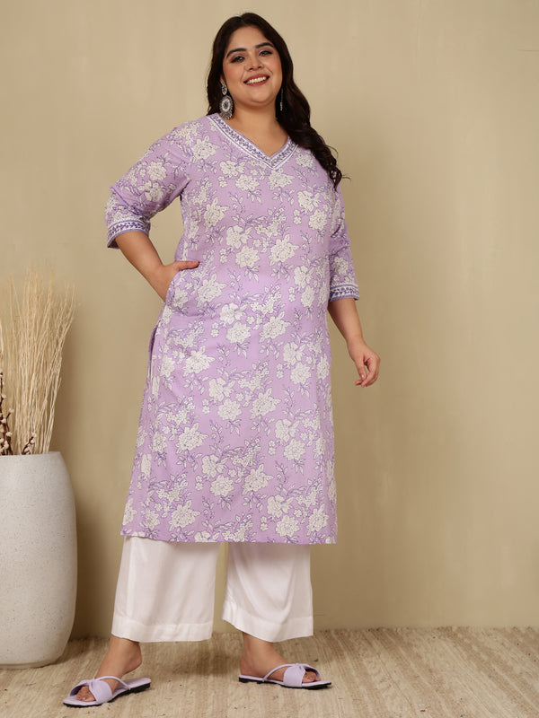 Cotton  Calf Length Printed Straight 3/4 Sleeves V-Neck Kurta