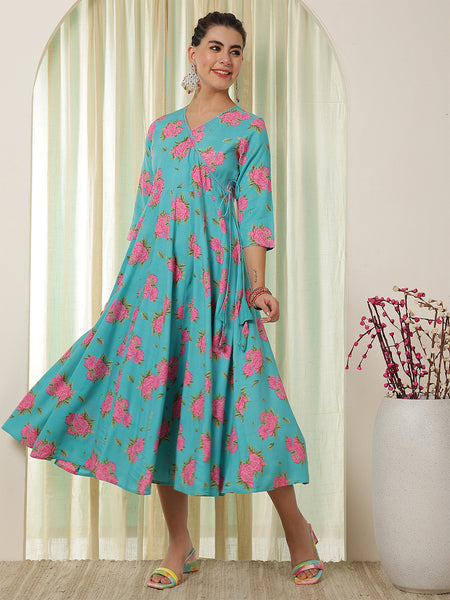 Blue Rayon Calf Length Printed Flared V-Neck Kurta