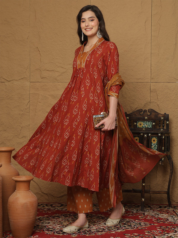 Black Pure Cotton Printed Hand-Work V-Neck Semi-Flared Kurta Suit Set