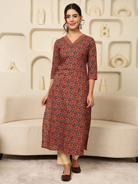 Maroon Rayon Calf Length Printed V-Neck Straight Kurta