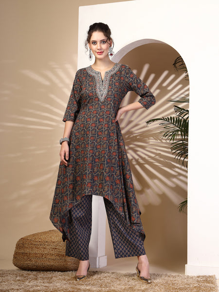 Navy Cotton Calf Length Printed Round Neck Asymmetric Kurta Palazzo Set