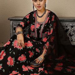 Black Rayon Calf Length Printed V-Neck Anarkali Kurta Suit Set