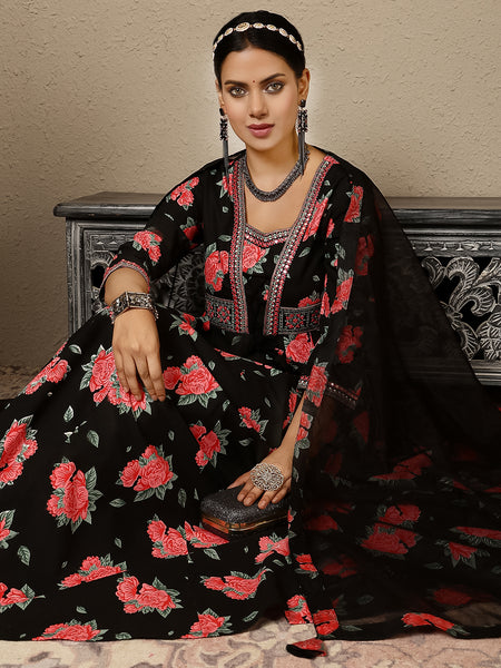 Black Rayon Calf Length Printed V-Neck Anarkali Kurta Suit Set