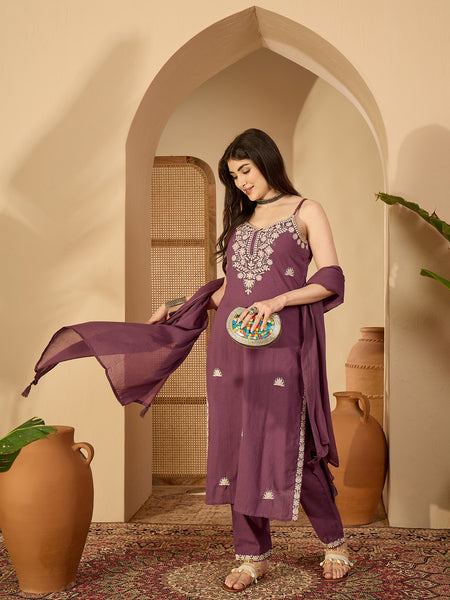 Gulmohar Jaipur Cotton Calf Length Solid Sleeveless V-Neck Straight Kurta Suit Set