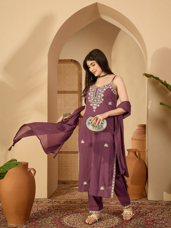 Gulmohar Jaipur Cotton Calf Length Solid Sleeveless V-Neck Straight Kurta Suit Set