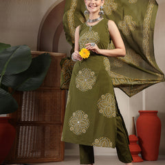 Gulmohar Jaipur Cotton Calf Length Printed Sleeveless Round Neck Straight Kurta Suit Set