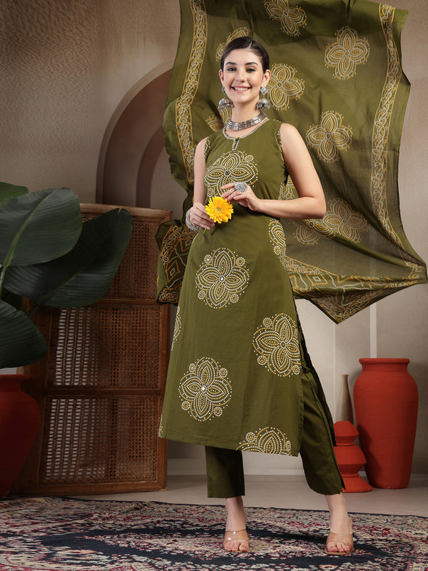 Gulmohar Jaipur Cotton Calf Length Printed Sleeveless Round Neck Straight Kurta Suit Set