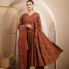 Gulmohar Jaipur Cotton Calf Length Printed 3/4 Sleeves V-Neck Anarkali Kurta Suit Set