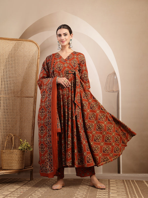 Gulmohar Jaipur Cotton Calf Length Printed 3/4 Sleeves V-Neck Anarkali Kurta Suit Set