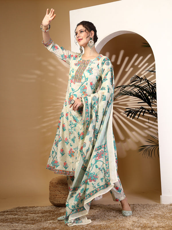 Off White Printed Cotton Kurta Suit Set