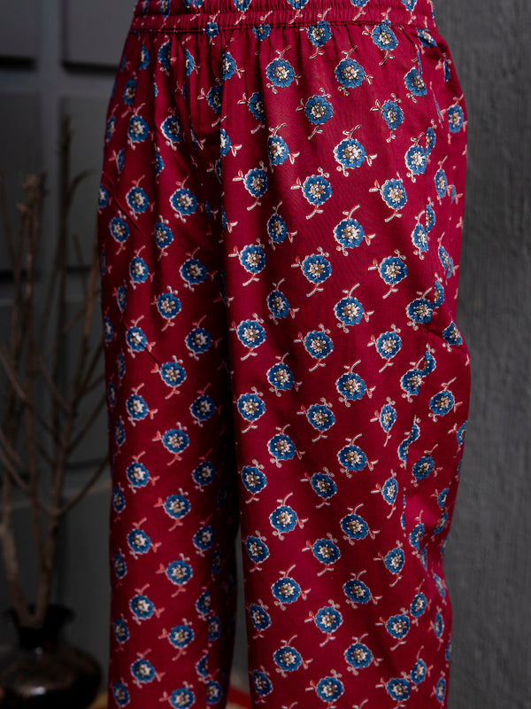 Cotton Calf Length Printed Flared V-Neck Kurta Suit Set