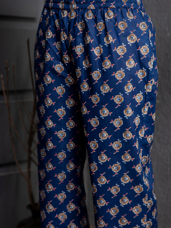 Blue Cotton Calf Length Printed Flared V-Neck Kurta Suit Set