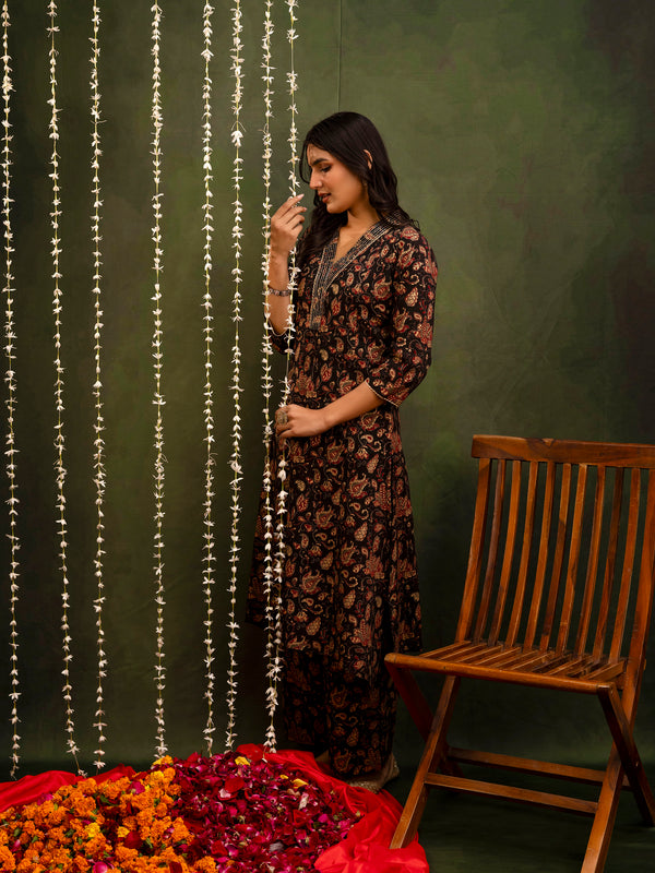Black Cotton Calf Length Printed A-Line V-Neck Kurta Palazzo Set