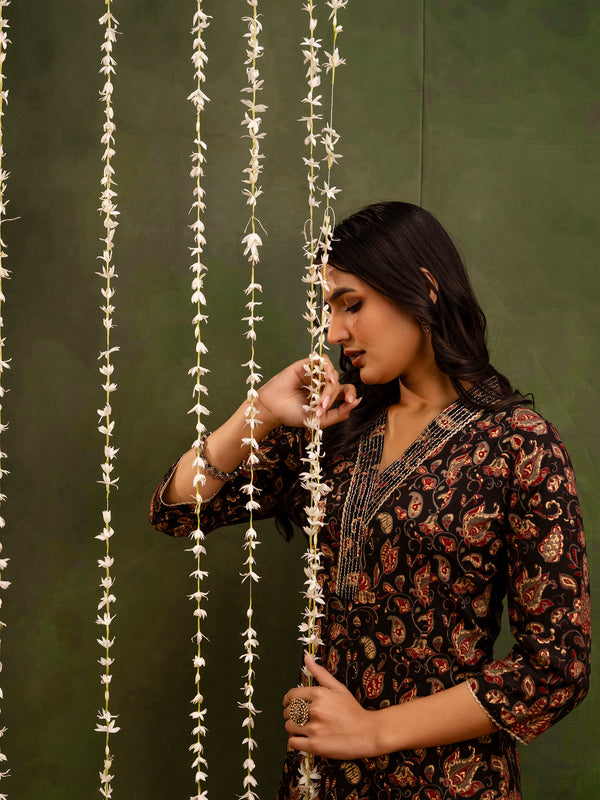 Black Cotton Calf Length Printed A-Line V-Neck Kurta Palazzo Set