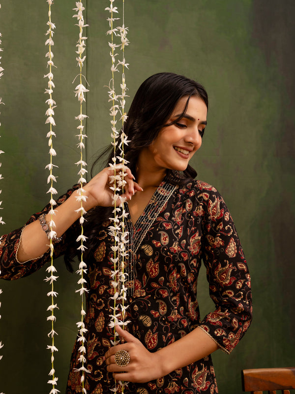 Black Cotton Calf Length Printed A-Line V-Neck Kurta Palazzo Set
