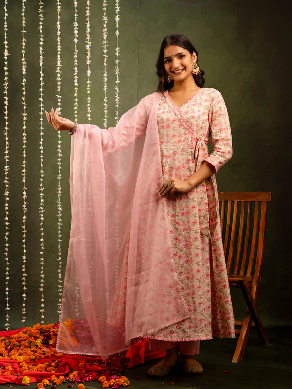 Off White Cotton Calf Length Printed Flared Angrakha Kurta Suit Set