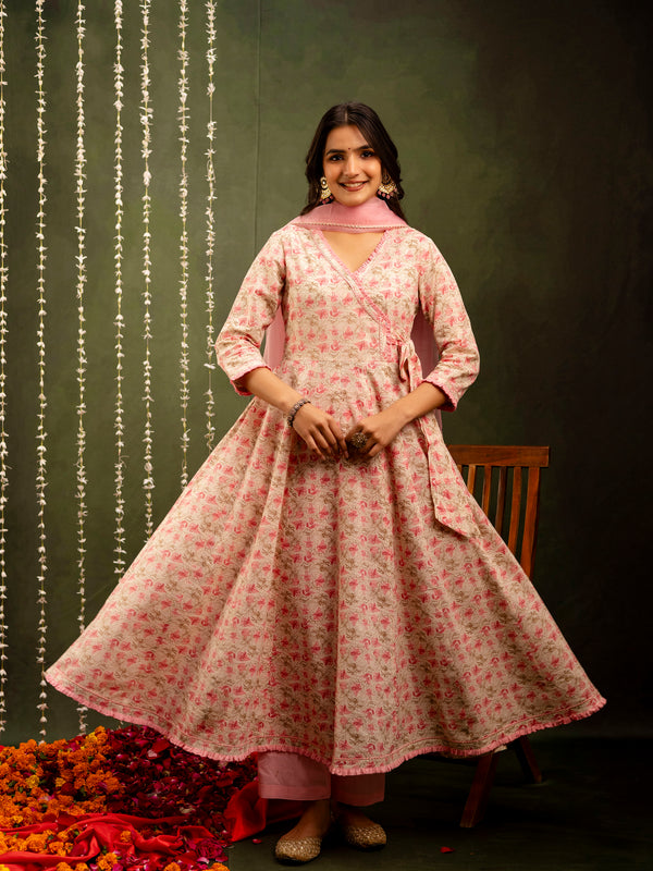Off White Cotton Calf Length Printed Flared Angrakha Kurta Suit Set