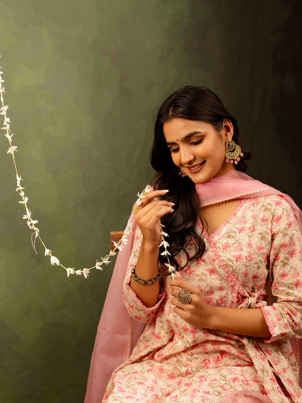 Off White Cotton Calf Length Printed Flared Angrakha Kurta Suit Set