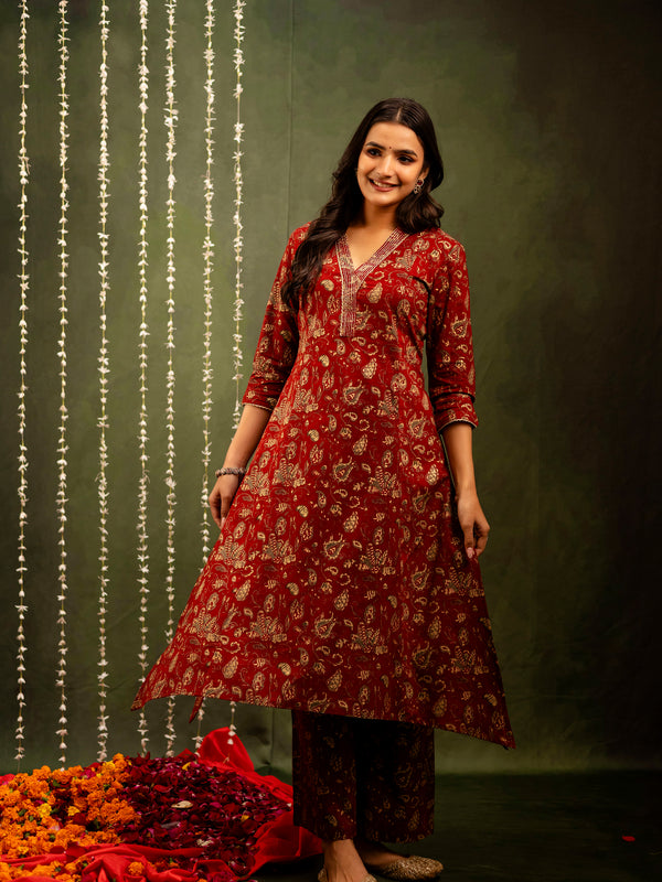 Maroon Cotton Calf Length Printed A-Line V-Neck Kurta Palazzo Set