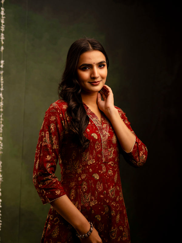 Maroon Cotton Calf Length Printed A-Line V-Neck Kurta Palazzo Set